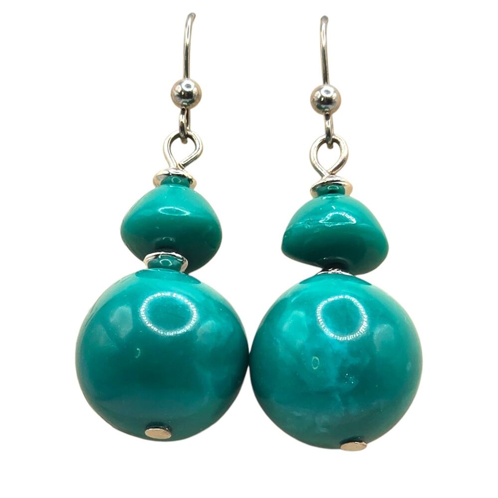 Earrings Teal Green Pebble Layered Graduated Dangle Drop Ball Pierced Silver